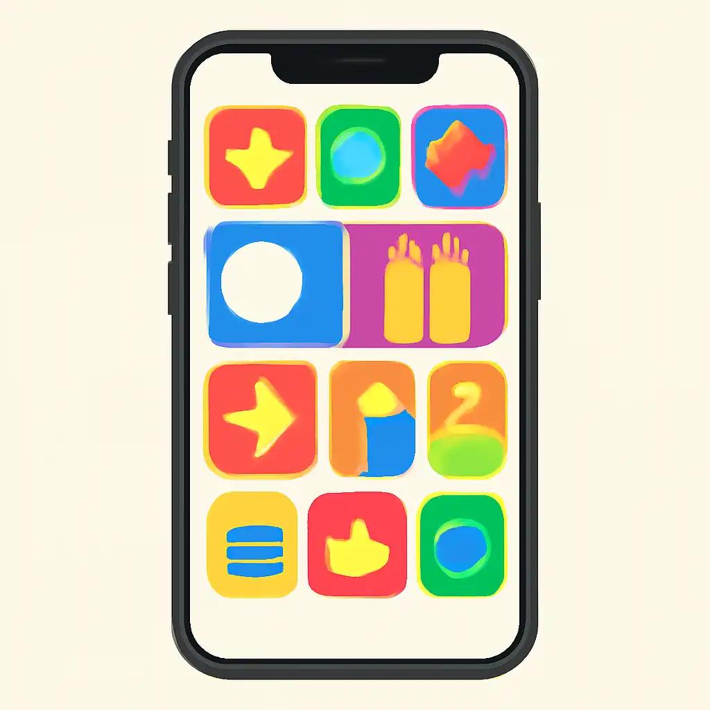 Smartphone shown from the front displaying a colourful flat layout of abstract game icons and rounded tiles (no text, no letters, no labels), 82 Lottery